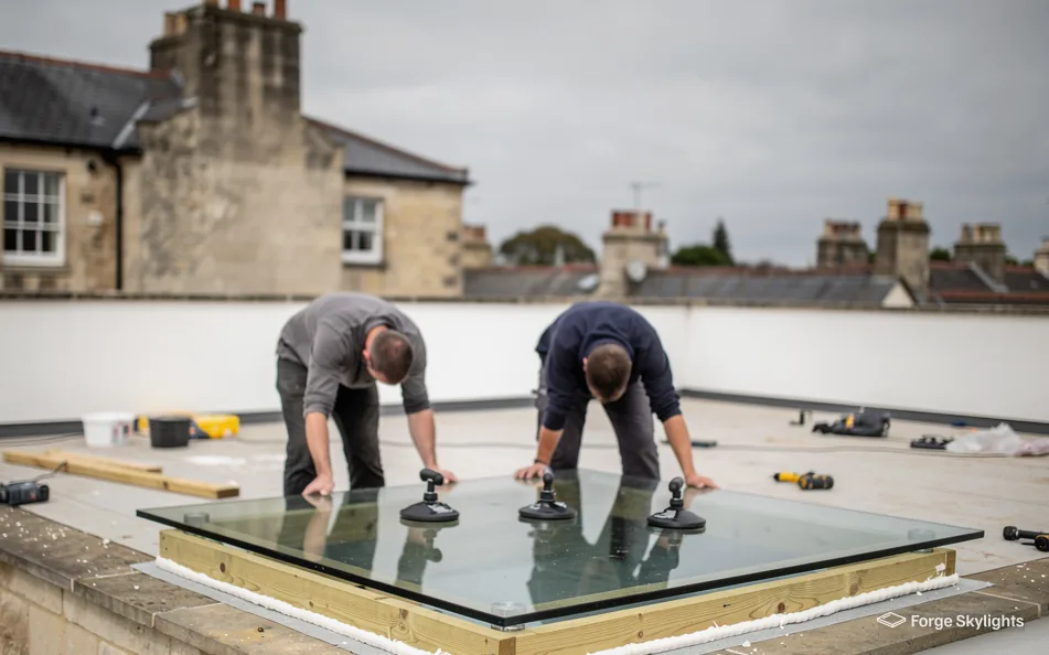 Two fitters lower a walk-on glass panel into place with suction lifters