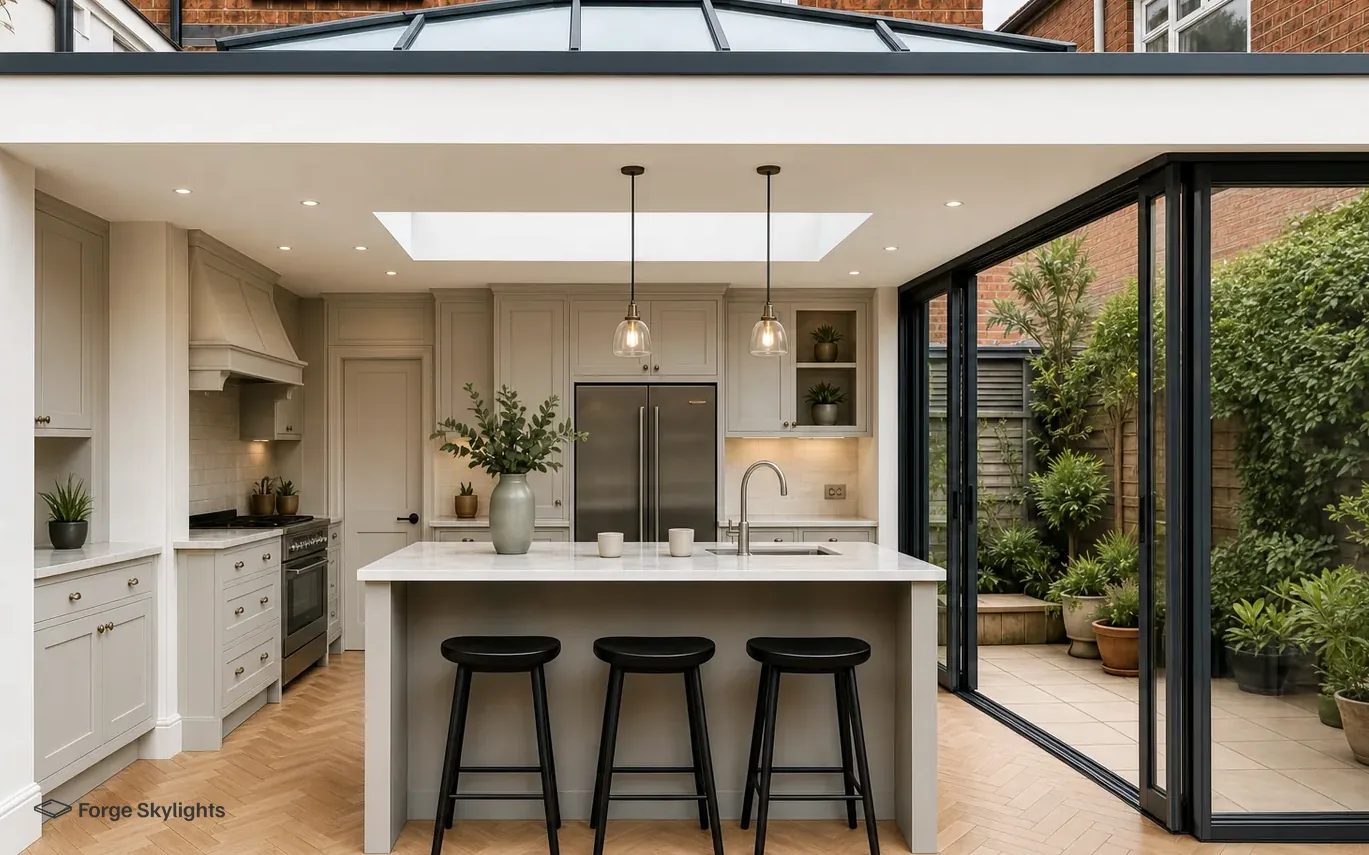 A kitchen with an island and pendant lights under a flat rooflight, folding doors open