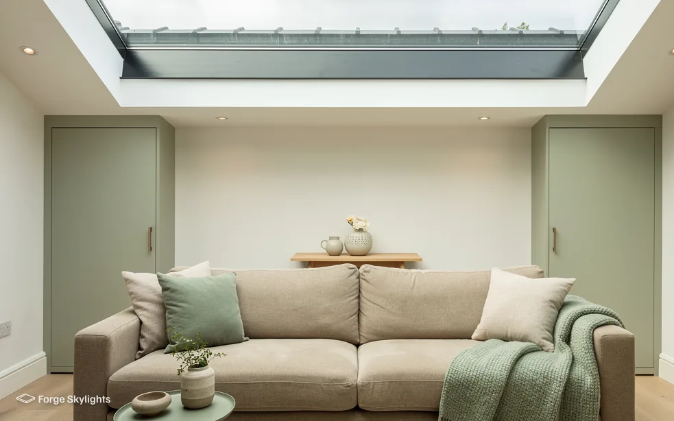 A sitting room with a sofa under a flat rooflight