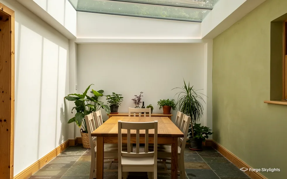 A dining room with a glazed roof, plants on the sill and a timber table