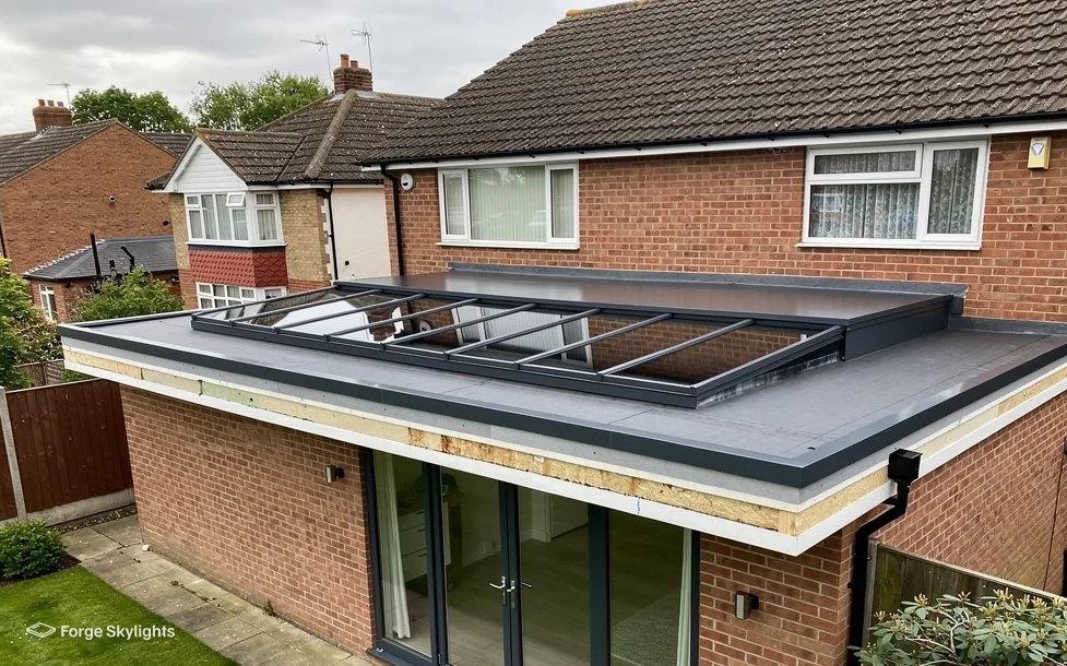 A brick semi with a glazed roof on its rear extension