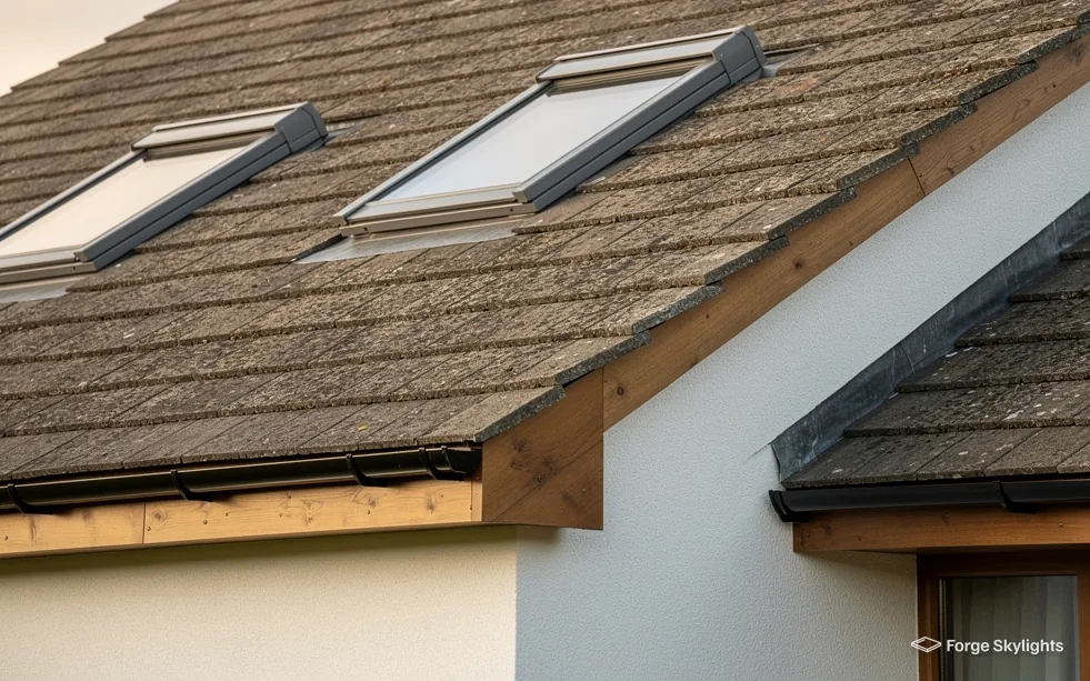 Roof windows in a concrete tile roof above a rendered gable