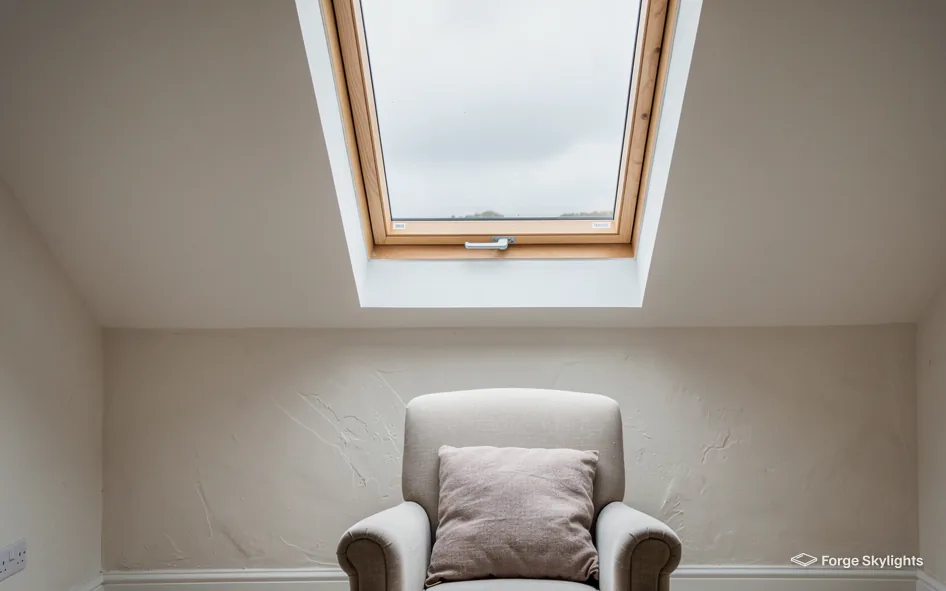 An armchair under a pine roof window in a loft