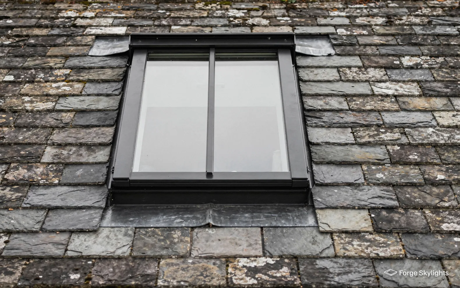 A conservation rooflight with a central bar sitting flush in a slate roof