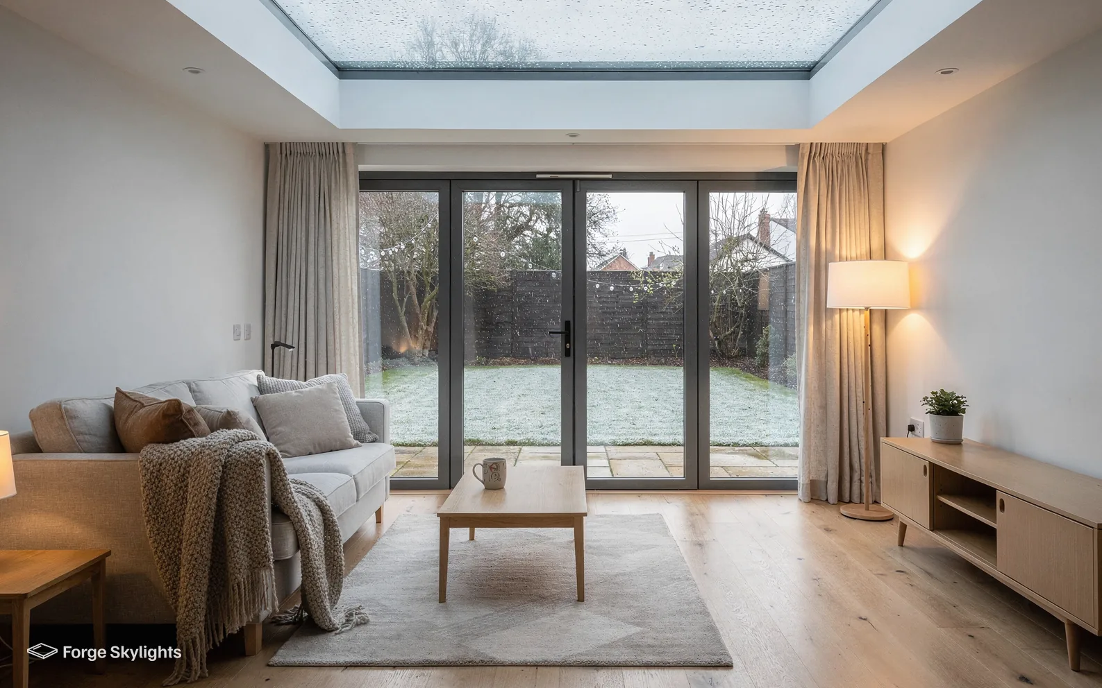 A living room with a sofa and lamp under a flat rooflight, glazed doors to a frosty garden