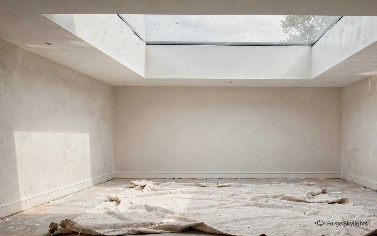 An empty plastered extension with dust sheets on the floor under a large flat rooflight