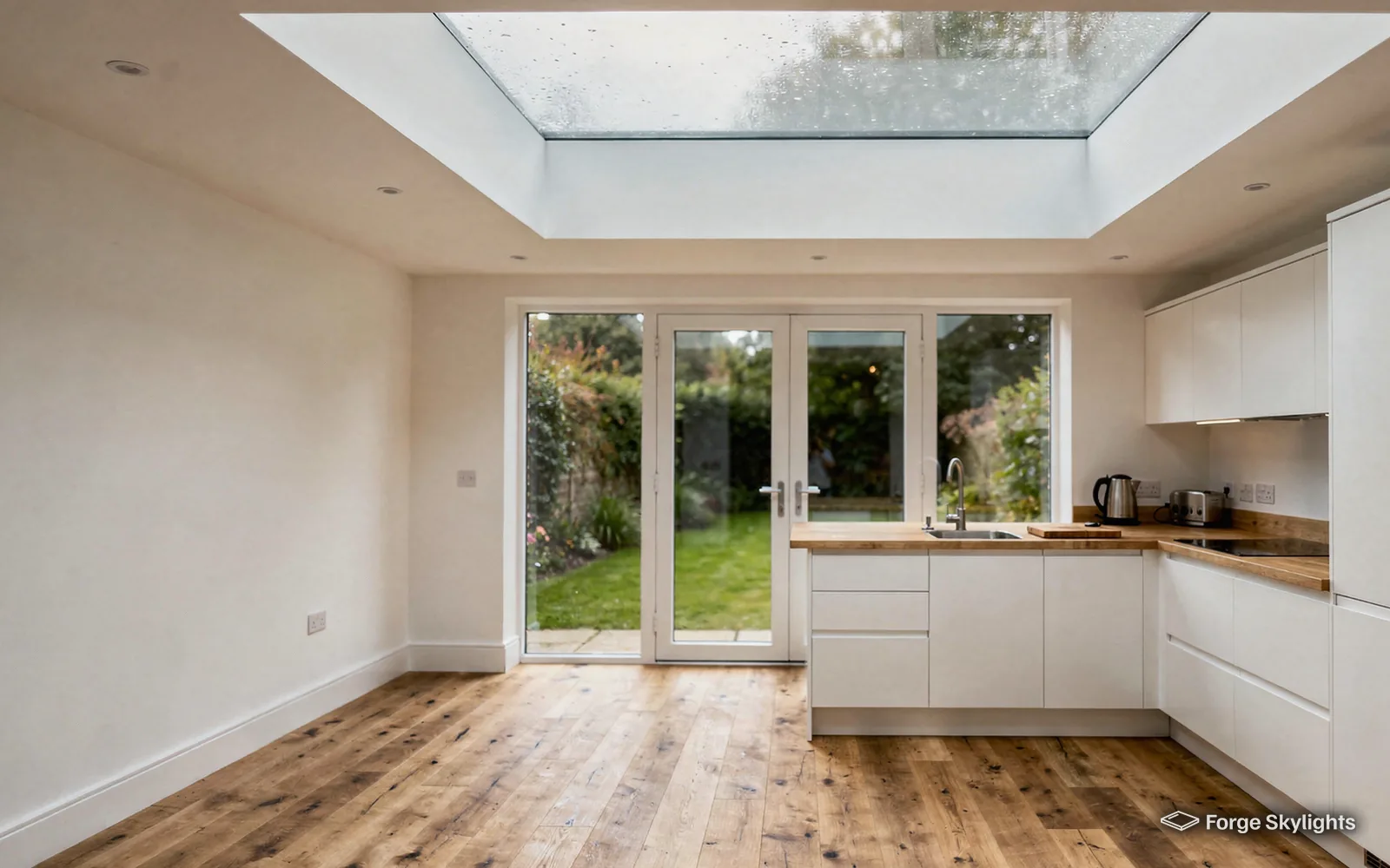 A white kitchen with timber worktops and French doors, a flat rooflight in the ceiling above