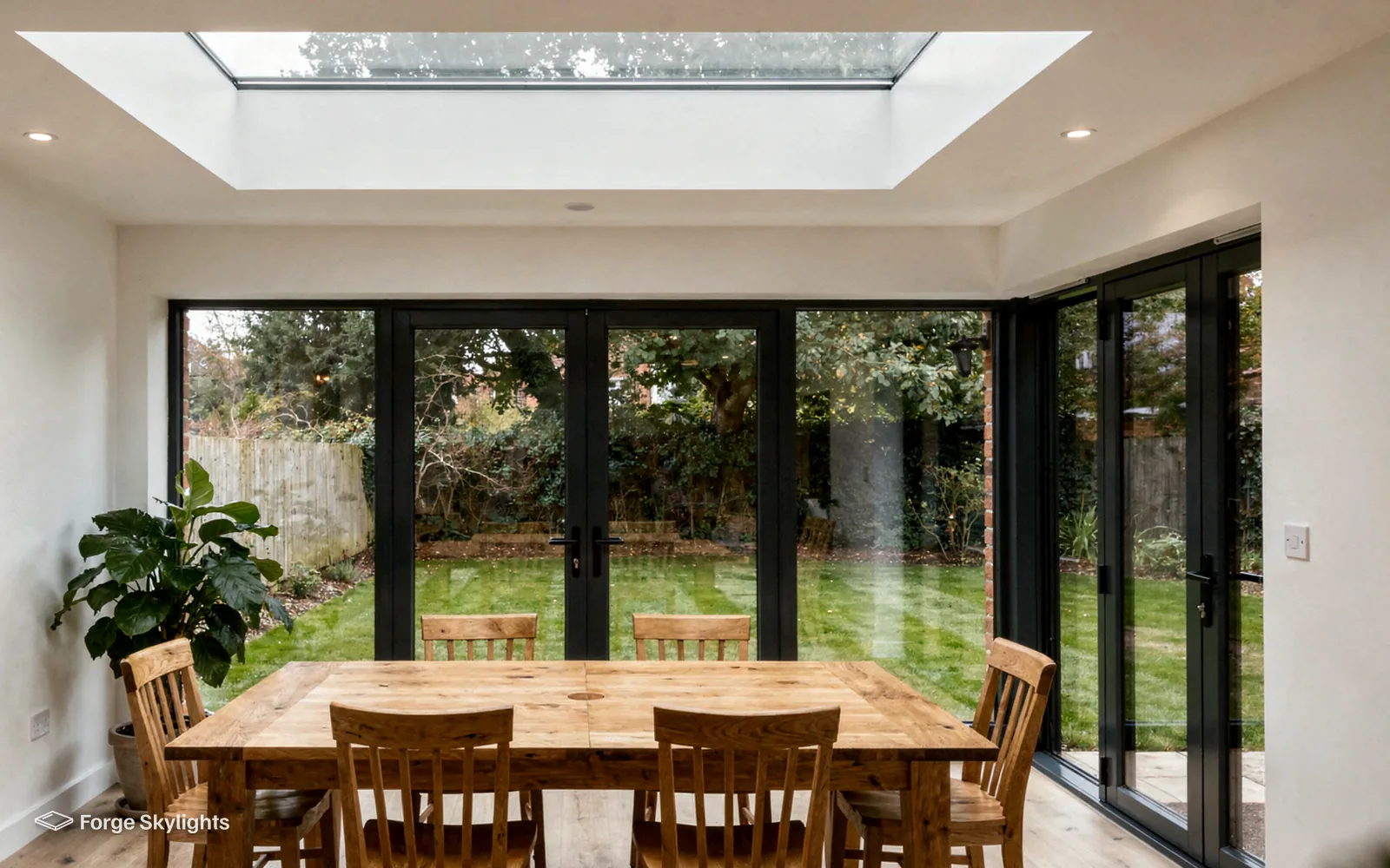 A dining area with a timber table under a flat rooflight, glazed corner doors onto a garden