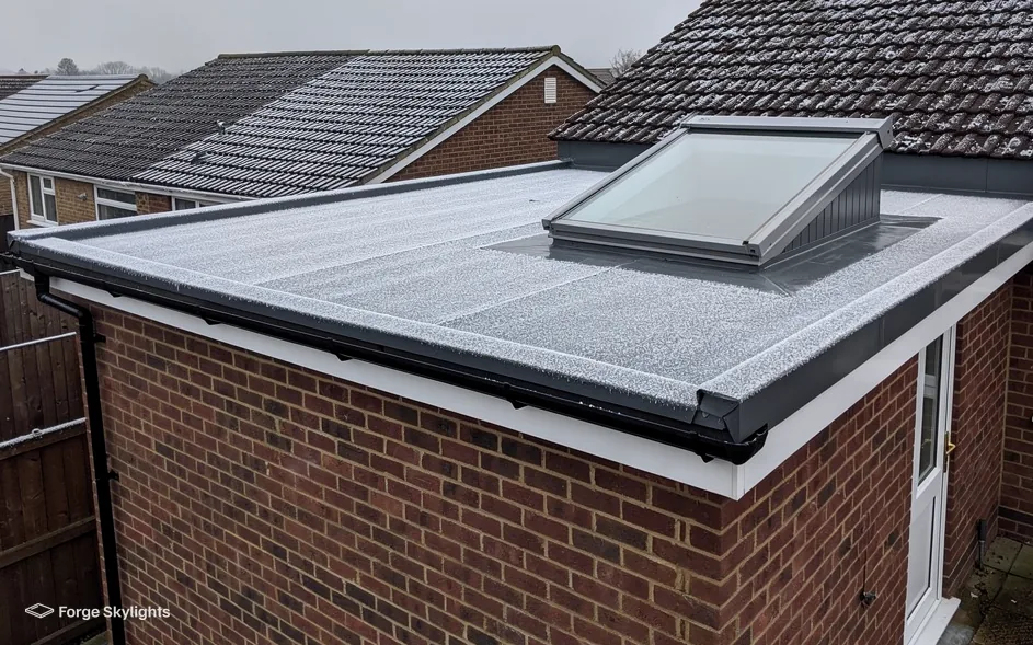 An angled rooflight on the flat roof of a brick extension