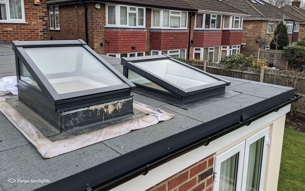 Two rooflights on upstands on a newly laid flat roof, semi detached houses behind
