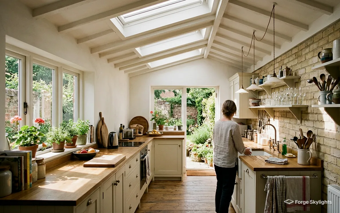 A kitchen with an exposed brick wall and rooflights in a vaulted ceiling, a person at the sink