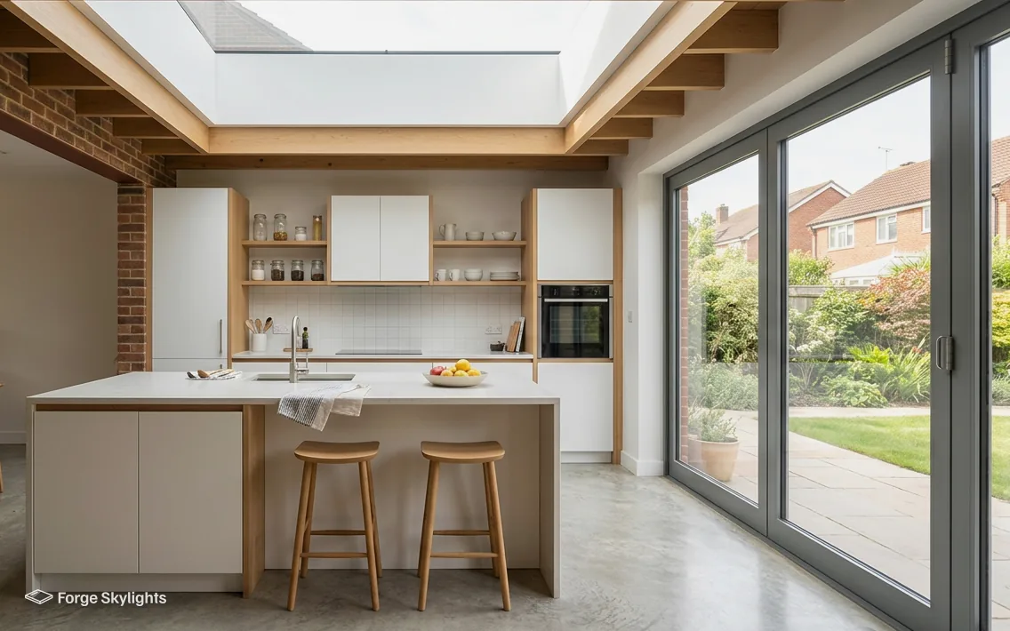 A kitchen island beneath a flat rooflight, with sliding doors opening onto the garden