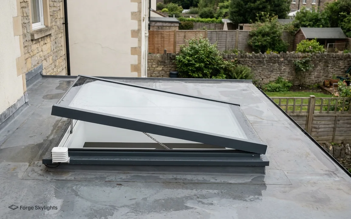 An opening rooflight on a flat roof, a garden behind