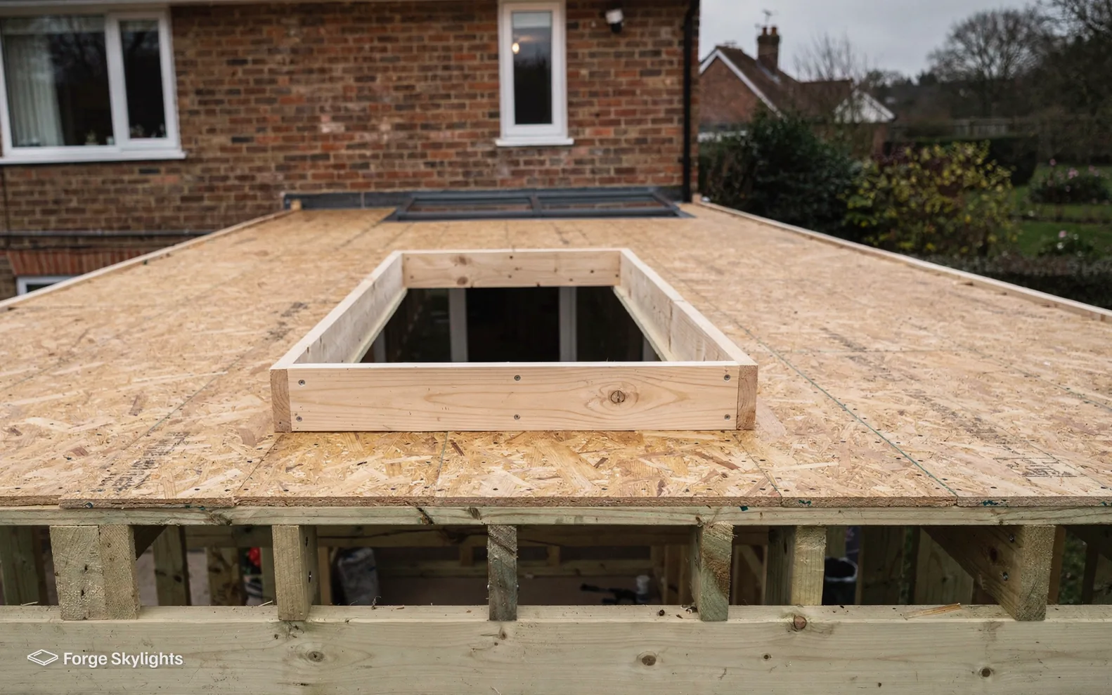 Timber kerb framed up on new plywood decking where a rooflight will sit