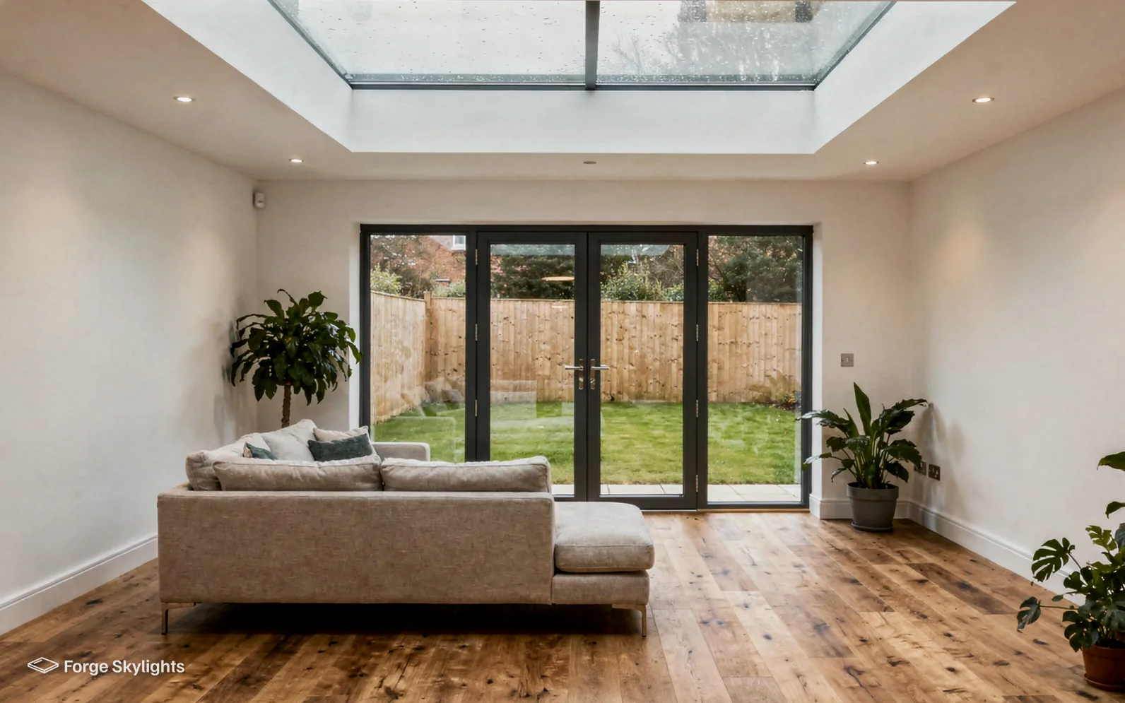 A living room under a flat rooflight with glazed doors to the garden