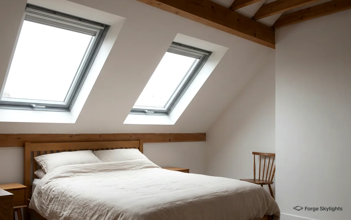 Sloping bedroom ceiling crossed by an oak beam, lit by a pair of roof windows