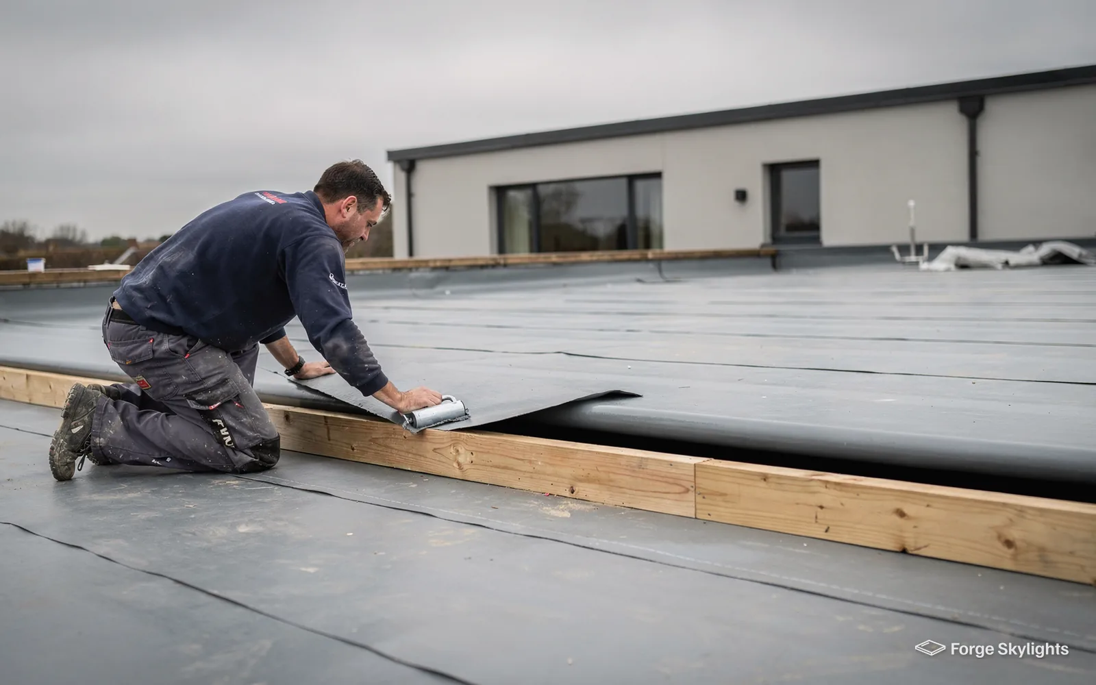 A roofer on his knees unrolling a membrane across a flat roof