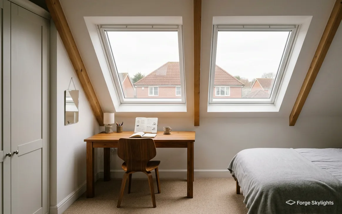 A loft bedroom with a desk and two roof windows