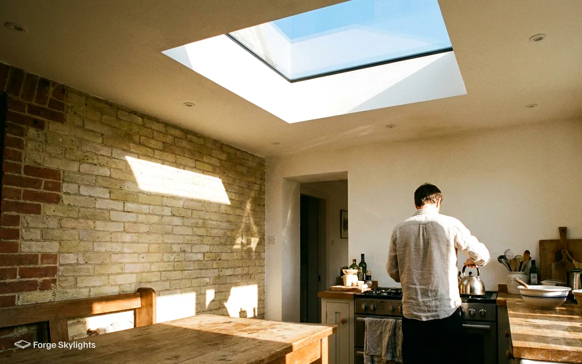 A kitchen with an exposed brick wall and a person at the hob, sunlight falling from a rooflight