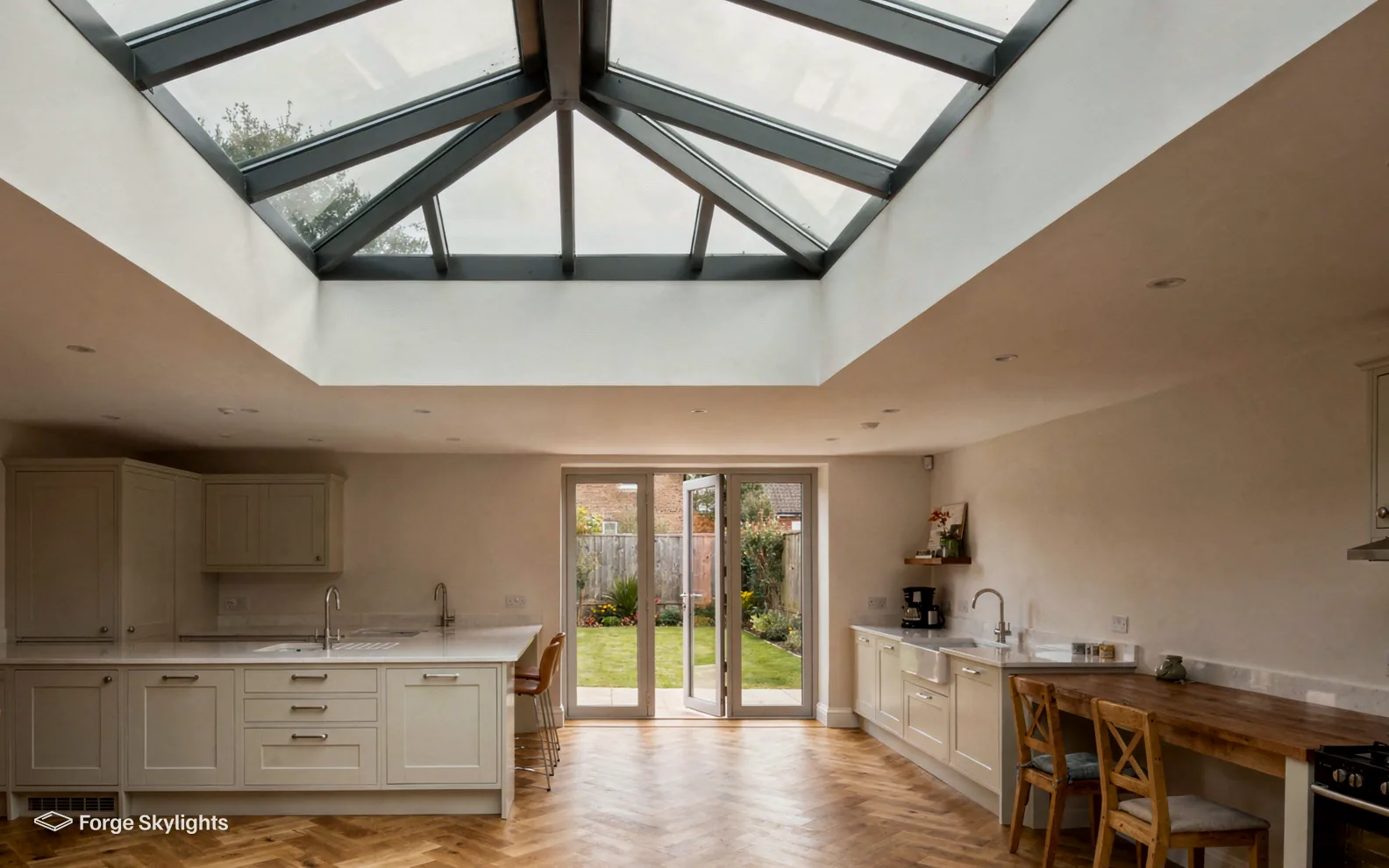 A long kitchen and dining room under a roof lantern, with glazed doors to the garden