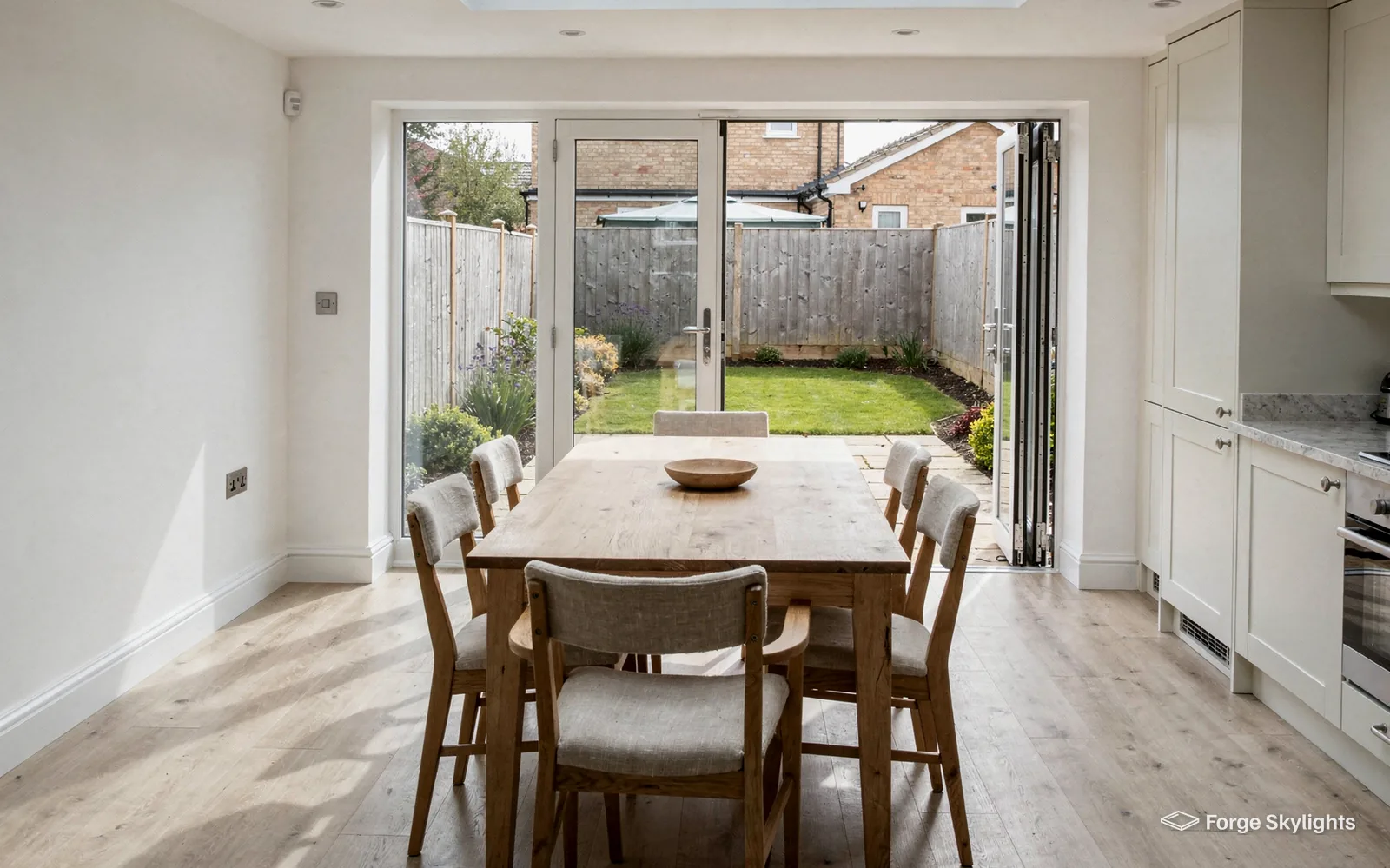 A kitchen diner with a timber table, folding doors open to a narrow garden and glazing overhead
