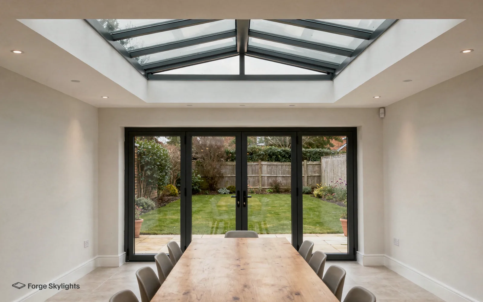 A dining room with a long table under a roof lantern and glazed doors to a lawn