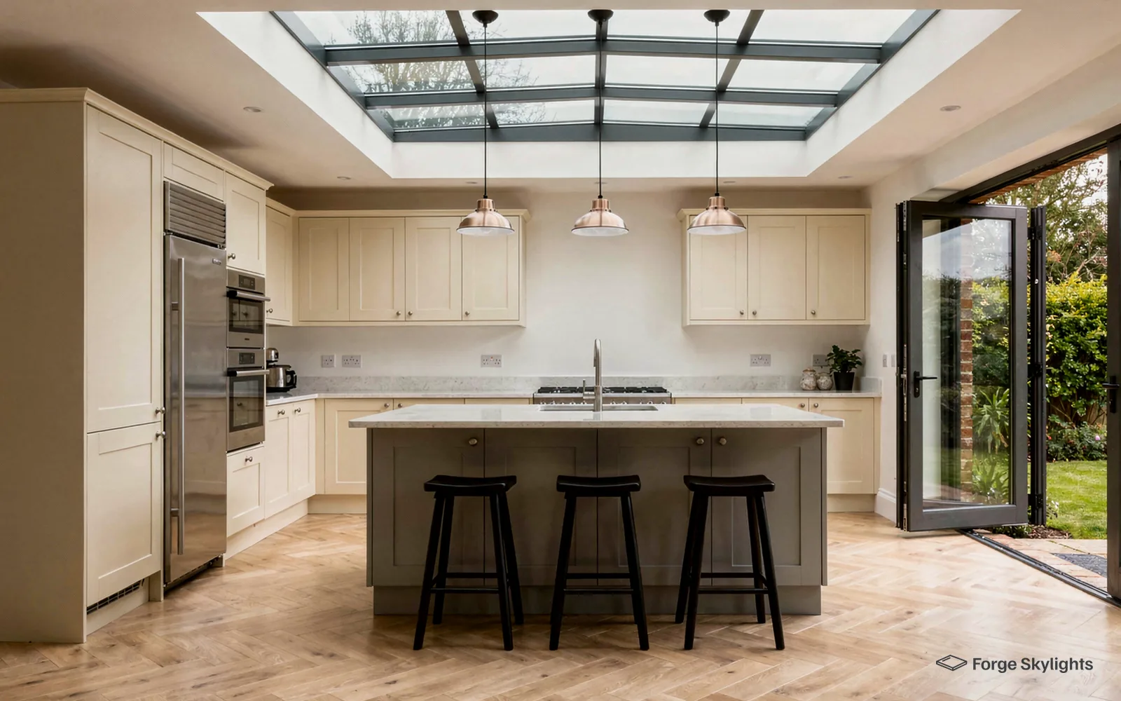 A kitchen with a pale island and three black stools under a large roof lantern, bifold doors open to the garden