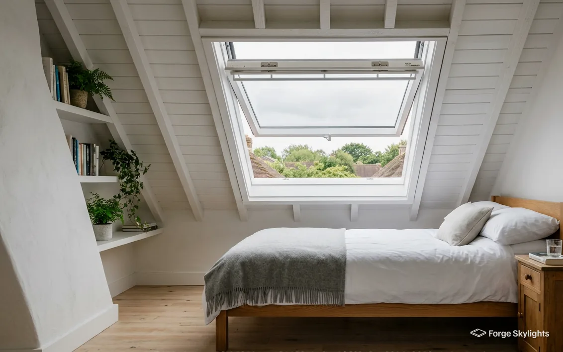 An open roof window above shelves built into a sloping ceiling, looking out over trees