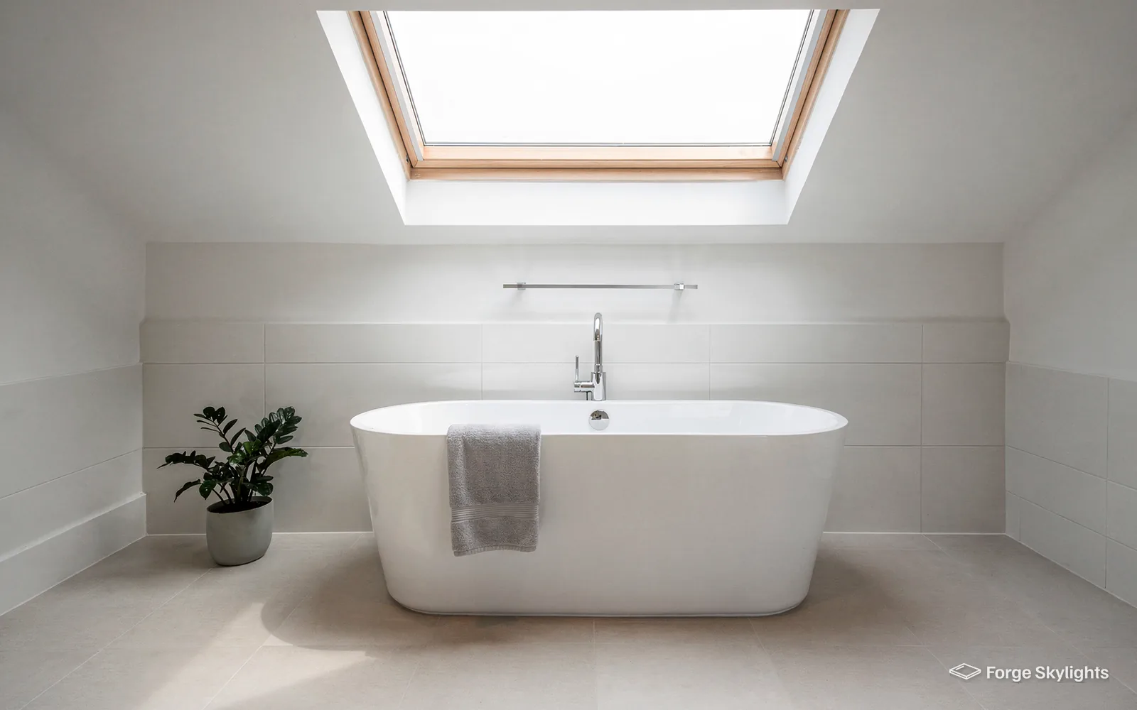 A loft bathroom with a freestanding bath under a roof window in the sloping ceiling