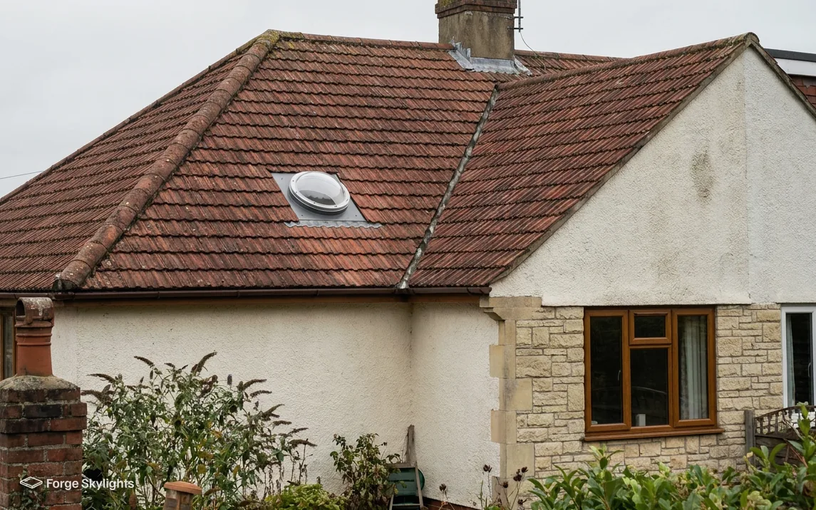 A clear sun tunnel dome set into the tiled roof of a bungalow