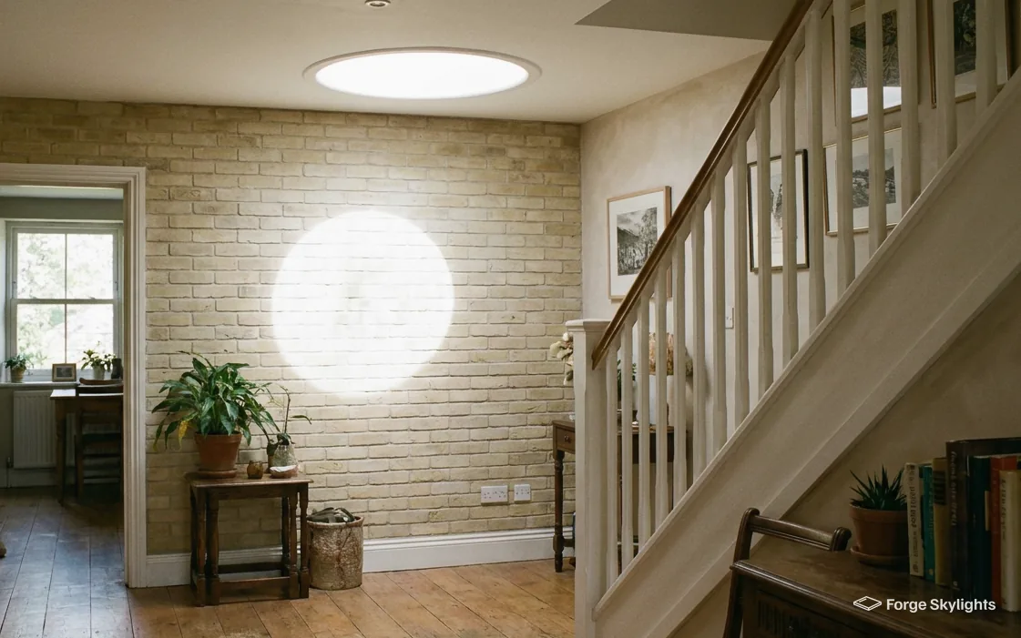 A hallway with a staircase and a round sun tunnel diffuser set into the ceiling