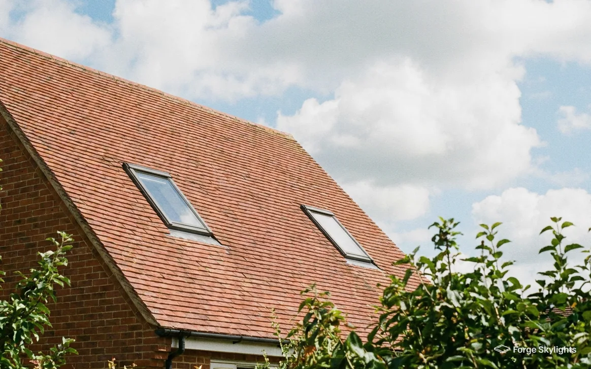 Two roof windows in a clay tile roof under a blue sky, an apple tree in front