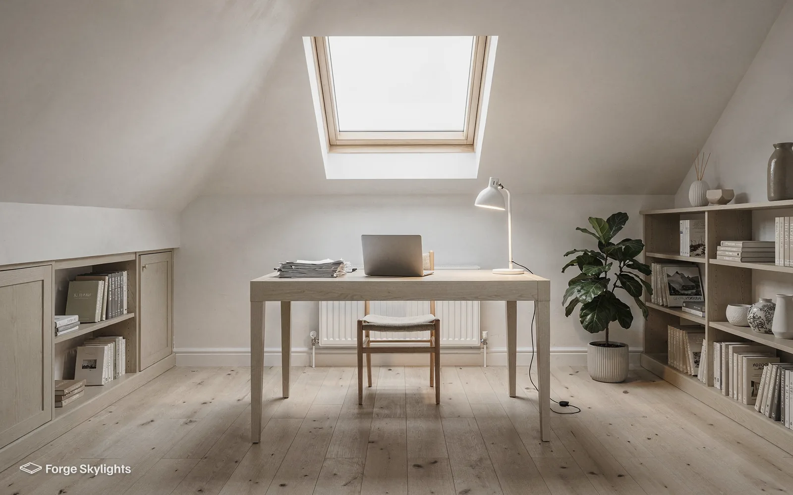 A loft study with a desk, bookshelves and a pine roof window in the slope