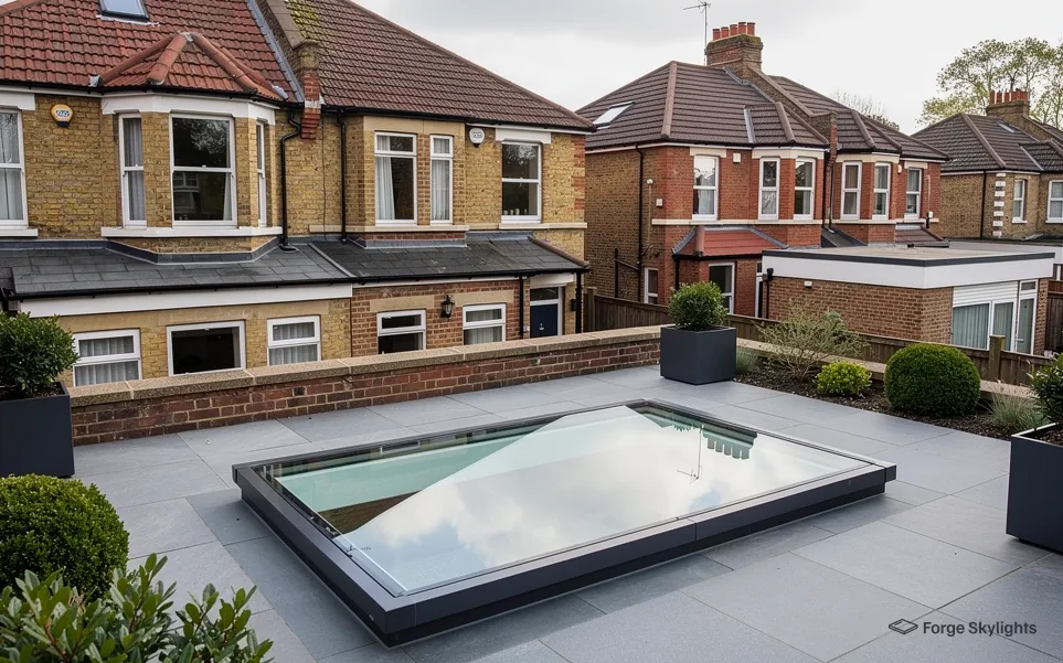A walk-on rooflight set in grey paving on a roof terrace with semi detached houses behind