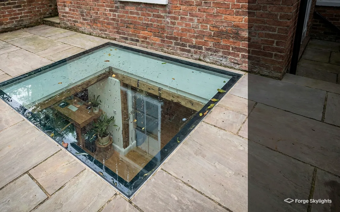A walk-on glass panel in sandstone paving beside a brick wall, a room visible below