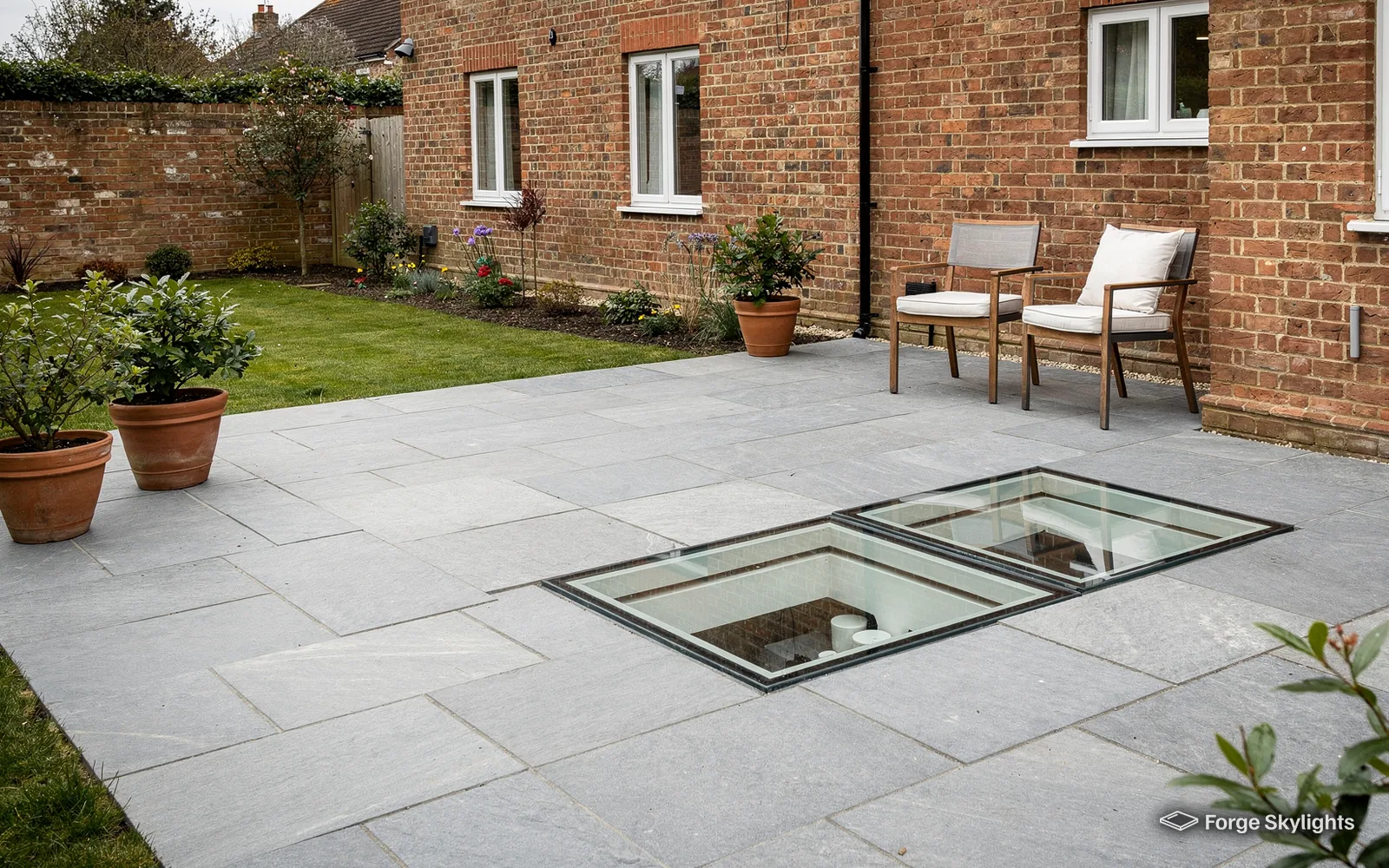 Two panels of walk-on glass set flush in grey patio paving beside a red brick house, with two garden chairs nearby