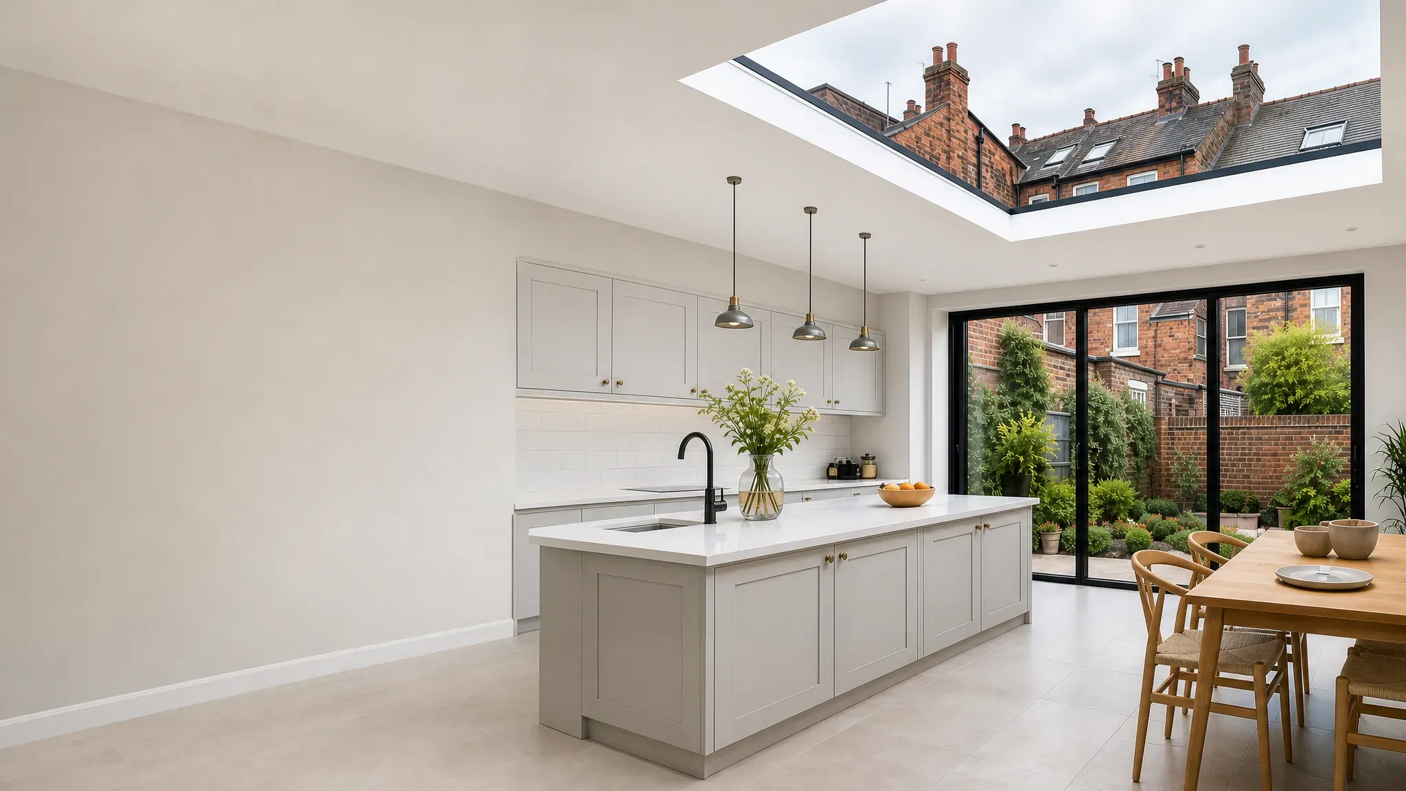 A kitchen extension on a red-brick terrace with a large flat rooflight above the island