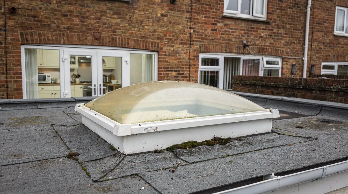 An older white plastic domed rooflight on a felt flat roof, the dome yellowed with age