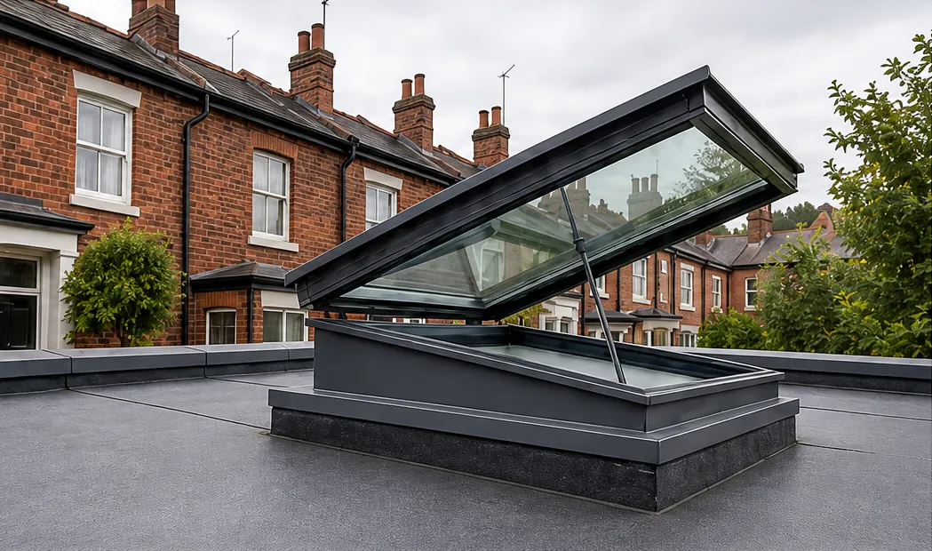 An opening flat rooflight propped open on a flat roof in front of a row of brick terraces