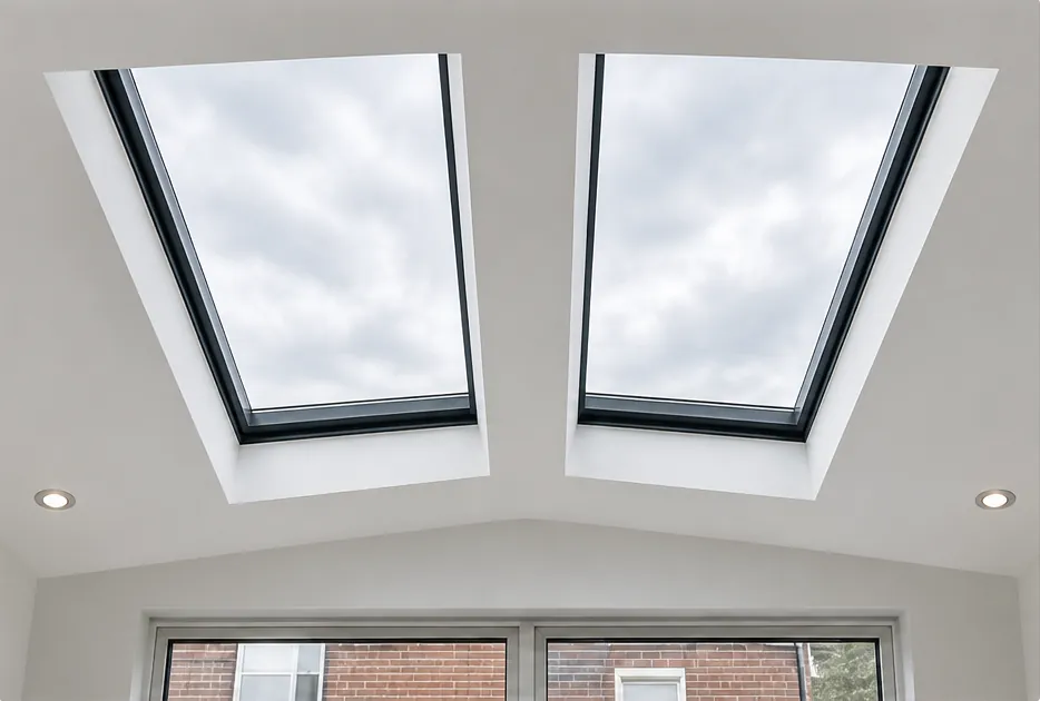Two roof windows seen from inside a bright room with a pitched ceiling
