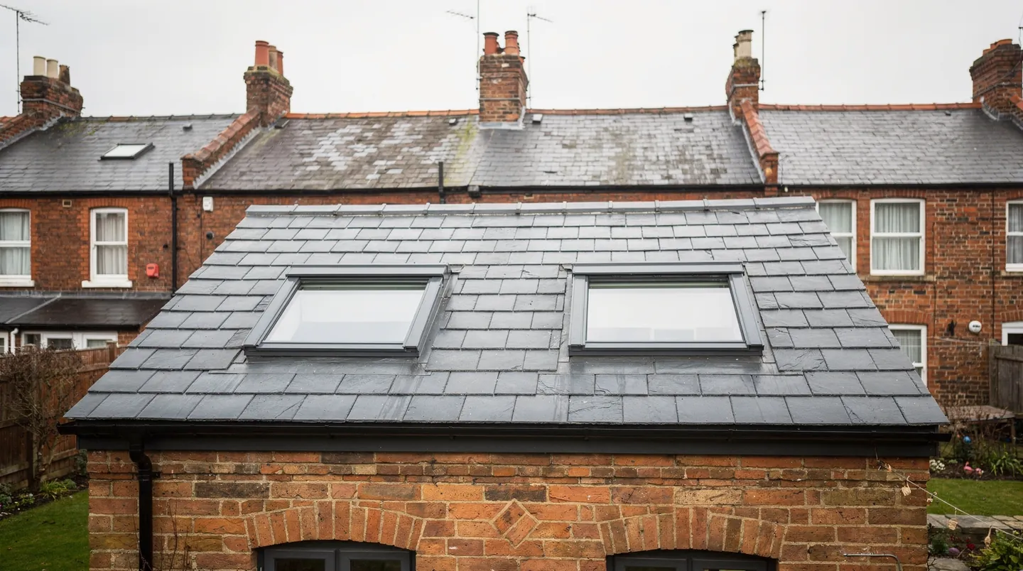 Two roof windows set flush in a slate roof at the back of a brick terrace