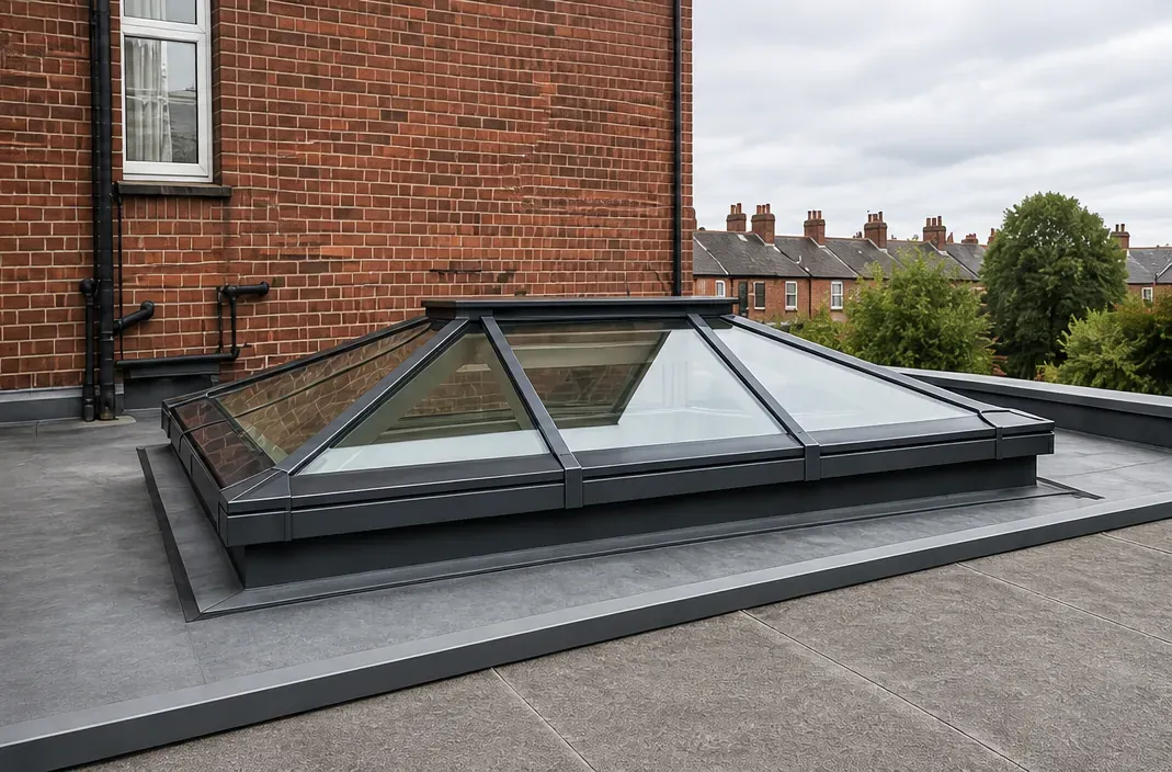 A roof lantern on the flat roof of a rear extension, terraces behind