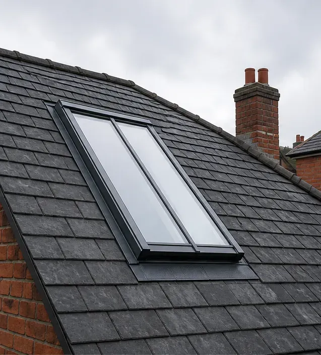 A roof window set in a slate roof beside a brick chimney